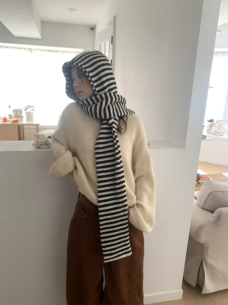 Warm Stripe Hat Scarf Inteated Ne Warmer Women's Bicycle Riding Winter Faion Korean Sle Windproof Scarf Hat Combo