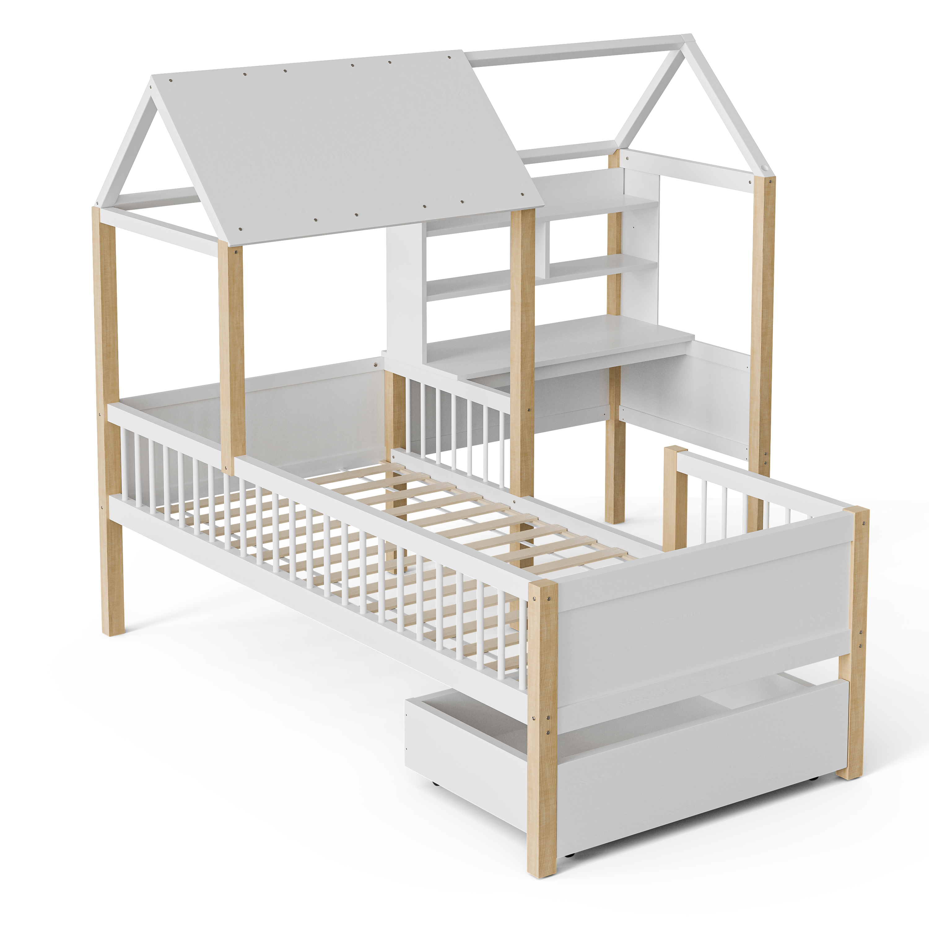 90 x 200 cm Kinderbett mit Rausfallschutz und Lattenrost, L-förmigem Schreibtisch und Bücherregal, Schubladen mit Rollen, multif