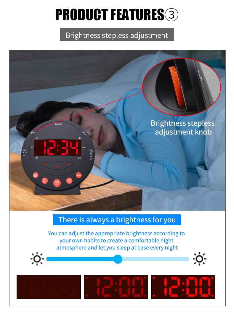 TS-BC600 vibration alarm clock custom alarm snooze time battery USB charging