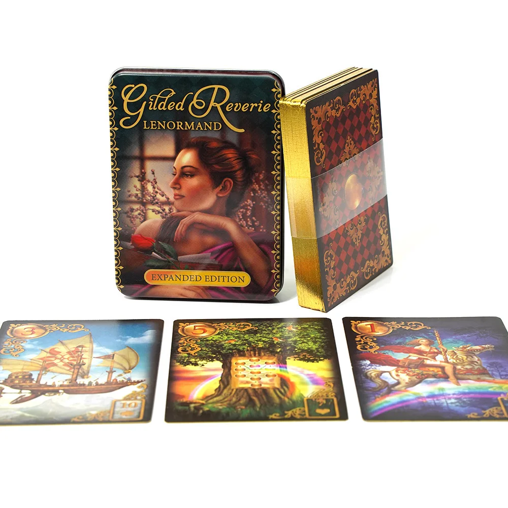 Jeu de Tarot Reverie Lenormand doré 11x6.5cm dans une boîte en fer blanc bord doré pour carte de jeu de divination 44 pièces