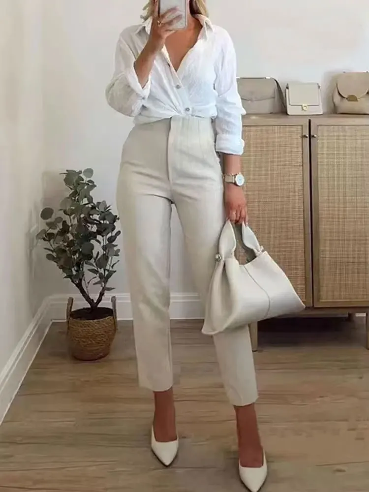 Calças sólidas de cintura alta para mulheres casuais calças de tornozelo básico com bolsos zíper voar calças de escritório pantalones mujer
