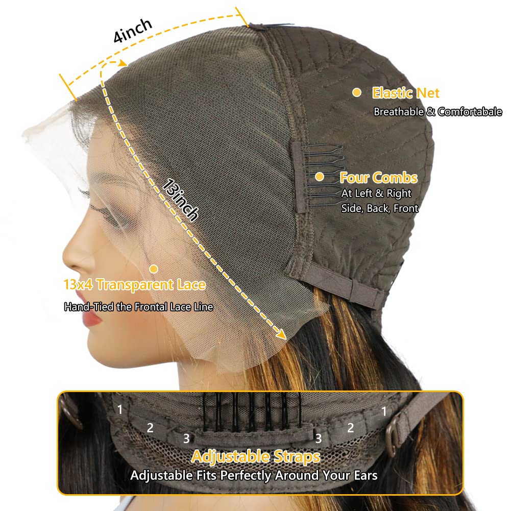 女性用ブラジルボディウェーブウィッグ,HDフロントレース,透明レース,人間の髪の毛,黒と茶色,陰影のあるハイライト,13x4,1b 30