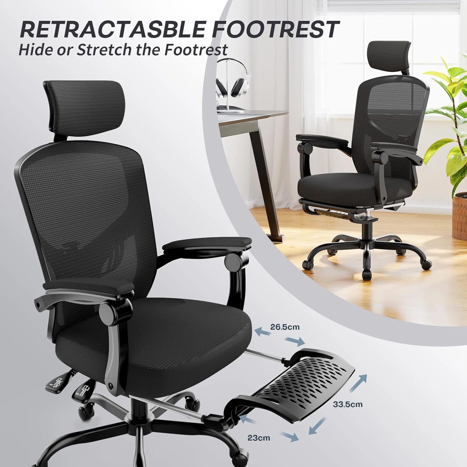 naspaluro Ergonomischer Bürostuhl mit Fußstütze, Schreibtischstuhl mit verstellbarer Kopfstütze, Lordosenstütze, Liegestuhl, Chefsessel