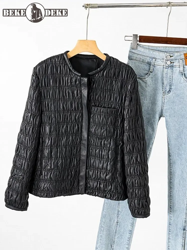 Frauen Echtes Leder Jacke Baumwolle Gepolsterte Oberbekleidung Arbeit Mantel Einreiher Vintage Herbst Runde Kragen Tasche Elegante Dame
