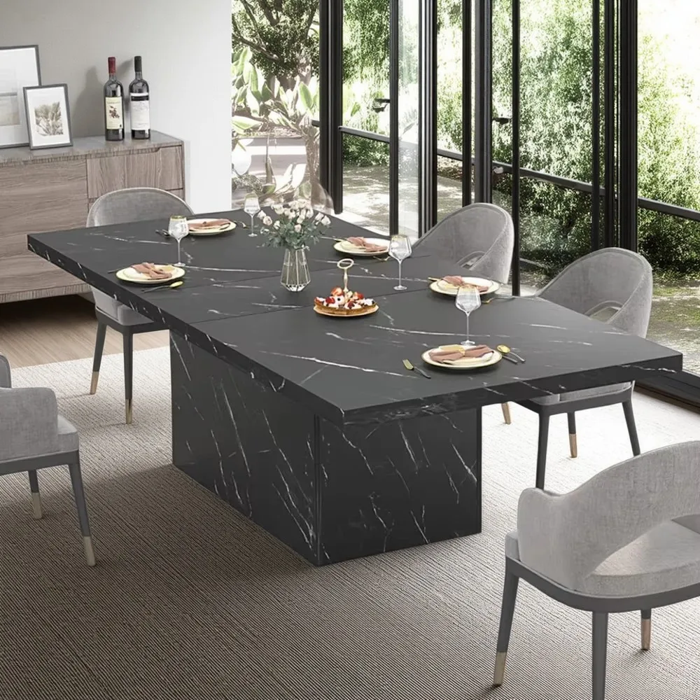 71” Black Dining Table for 6-8, Rectangle Modern Faux Marble Dinner Table, Large Dining Room Table for Kitchen Living Room, Ind