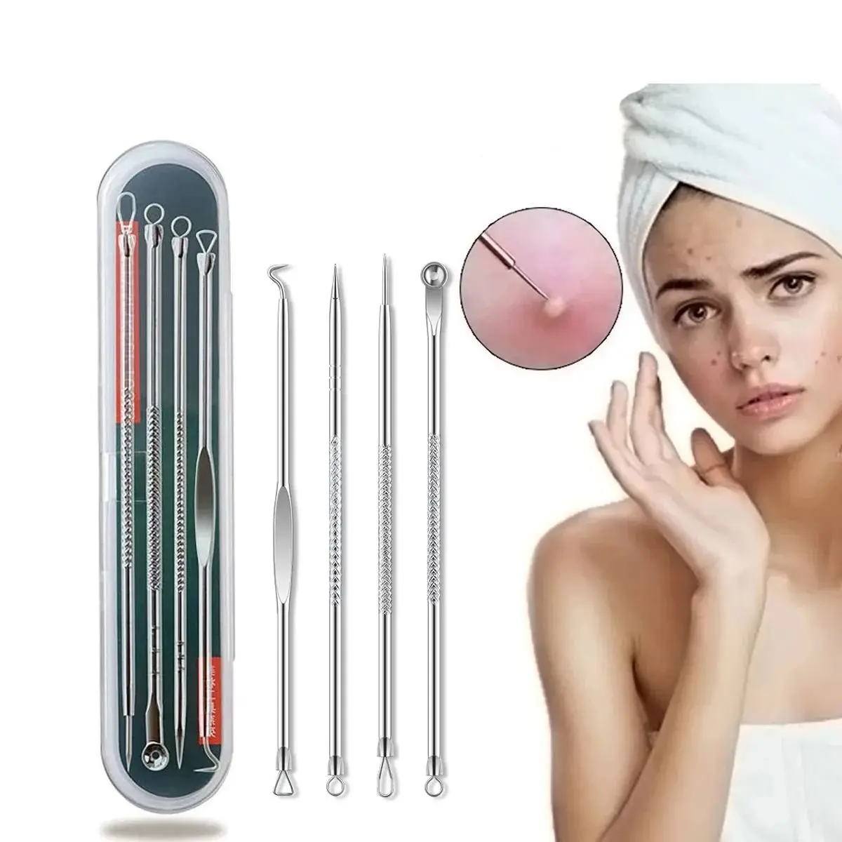 4 pçs removedor de cravo acne agulha ferramentas conjunto limpeza facial pontos pretos espinha comedone extrator poros limpador produtos cuidados com a pele