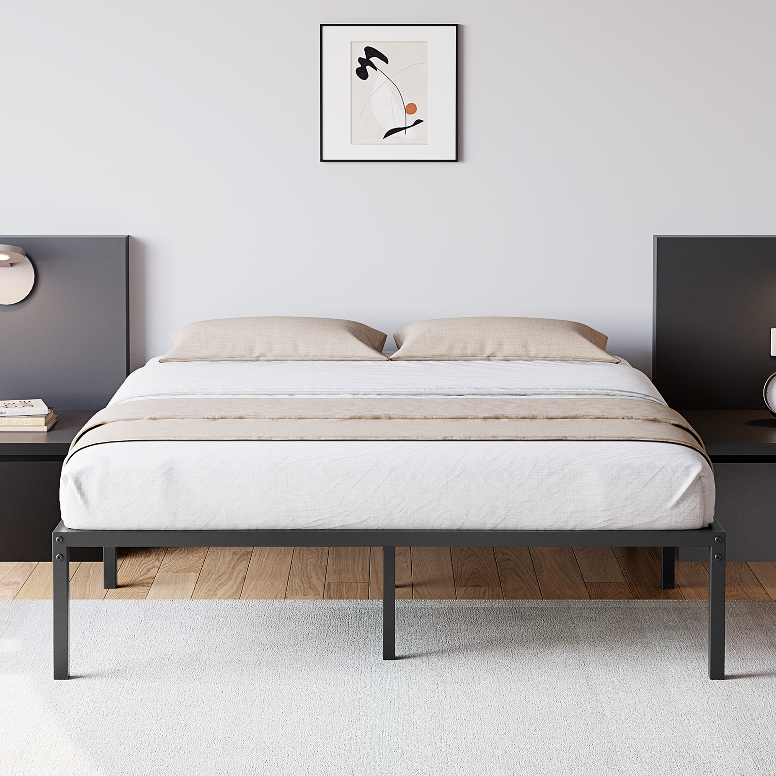 Twin/Full/Queen Size Modern Metal Bed Frame No Box Spring Needed Reinforced Steel Structure with Heavy Duty Metal Slats