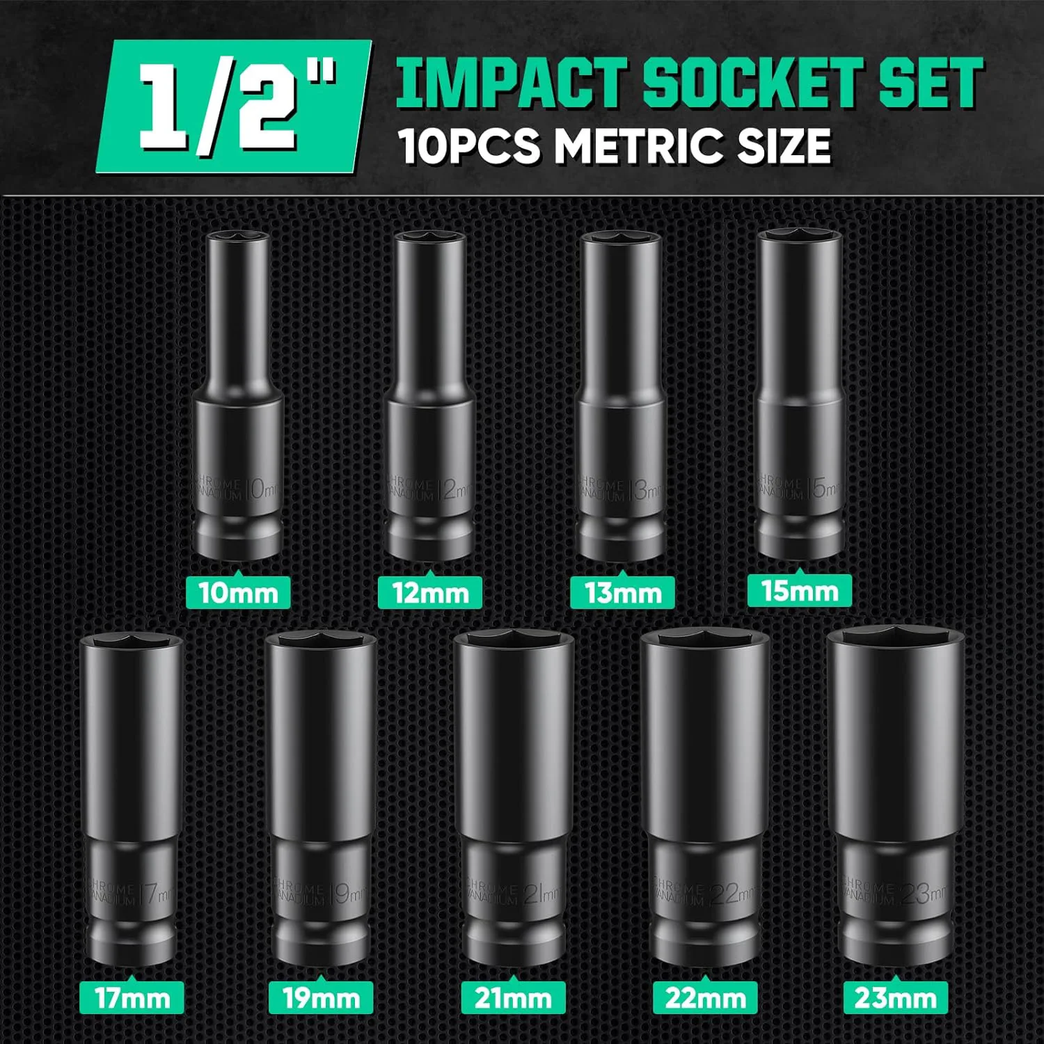 1 Set Impact Socket Set, 1/2" Drive Metric Size (10-23mm) Socket Spanner, CR-V Steel Deep Impact Socket Set For 1/2 Socket Set F