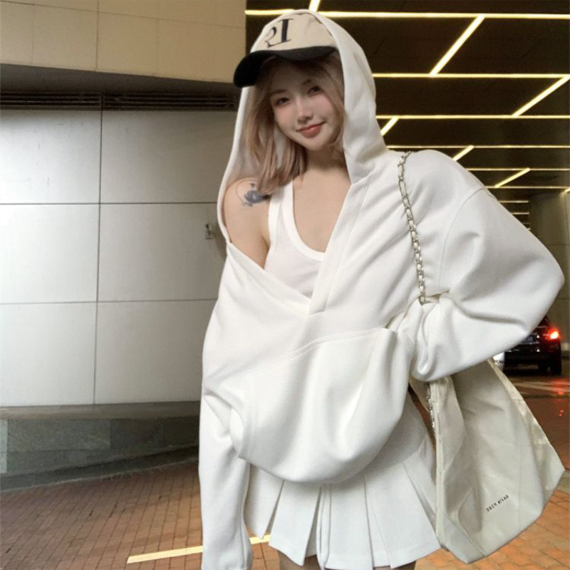 Pull à capuche décontracté pour femmes, haut Y2K, col en v, couleur unie, Harajuku, manches longues, surdimensionné, vêtements amples