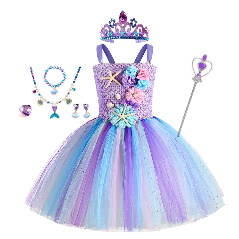 女の子マーメイドチュチュドレス海の下テーマ誕生日パーティーカーニバル衣装花ヘッドバンドオーシャンハロウィンドレス 1-12Y
