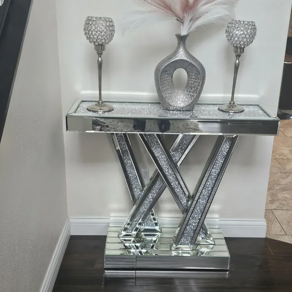 Decorative table Style W Silver Entryway Table Inlay with Sparkly Crushed Crystals, 35 inches Table for Living Room Hallway