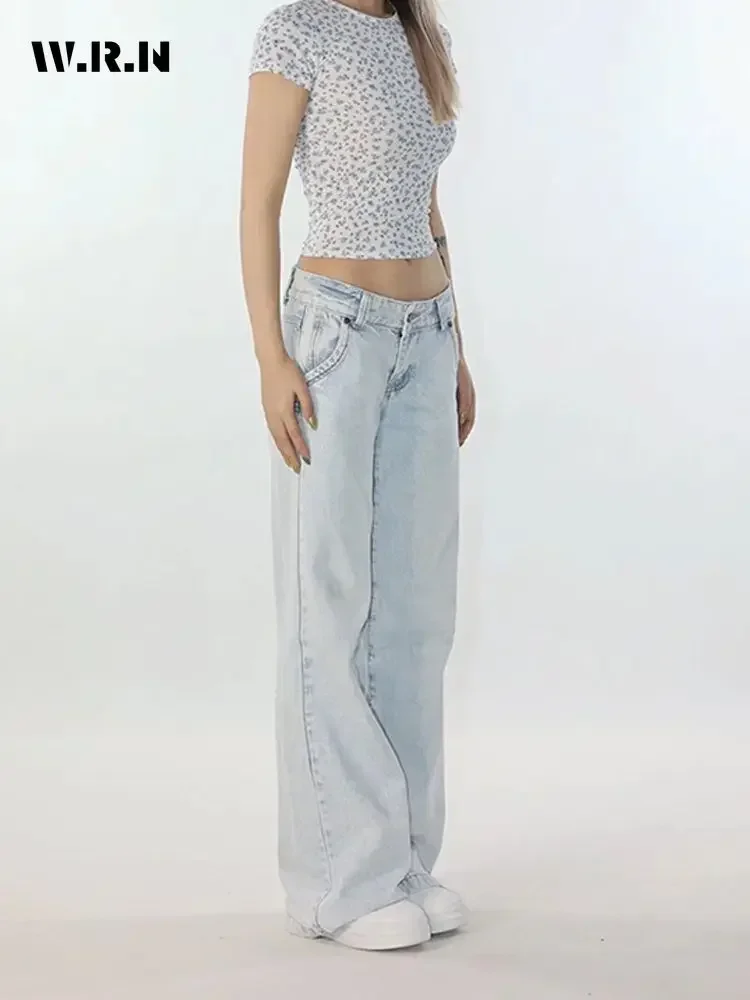 Warenew Light Blue ต่ําเอวกางเกงยีนส์ผู้หญิง Streetwear อเมริกัน Vintage Denim กางเกงหญิงสบายๆล้างตรง Pantalons Mujer
