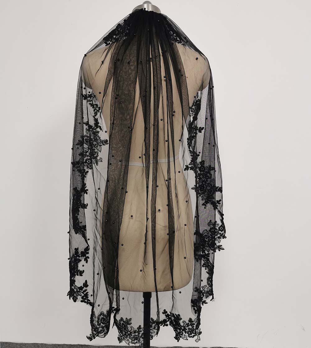 Maßgeschneiderter schwarzer Perlen-Spitzen-Hochzeitsschleier, kurzer Brautschleier mit Kamm, eine Schicht, 1 m Schleier für die Braut, Velos de Novia