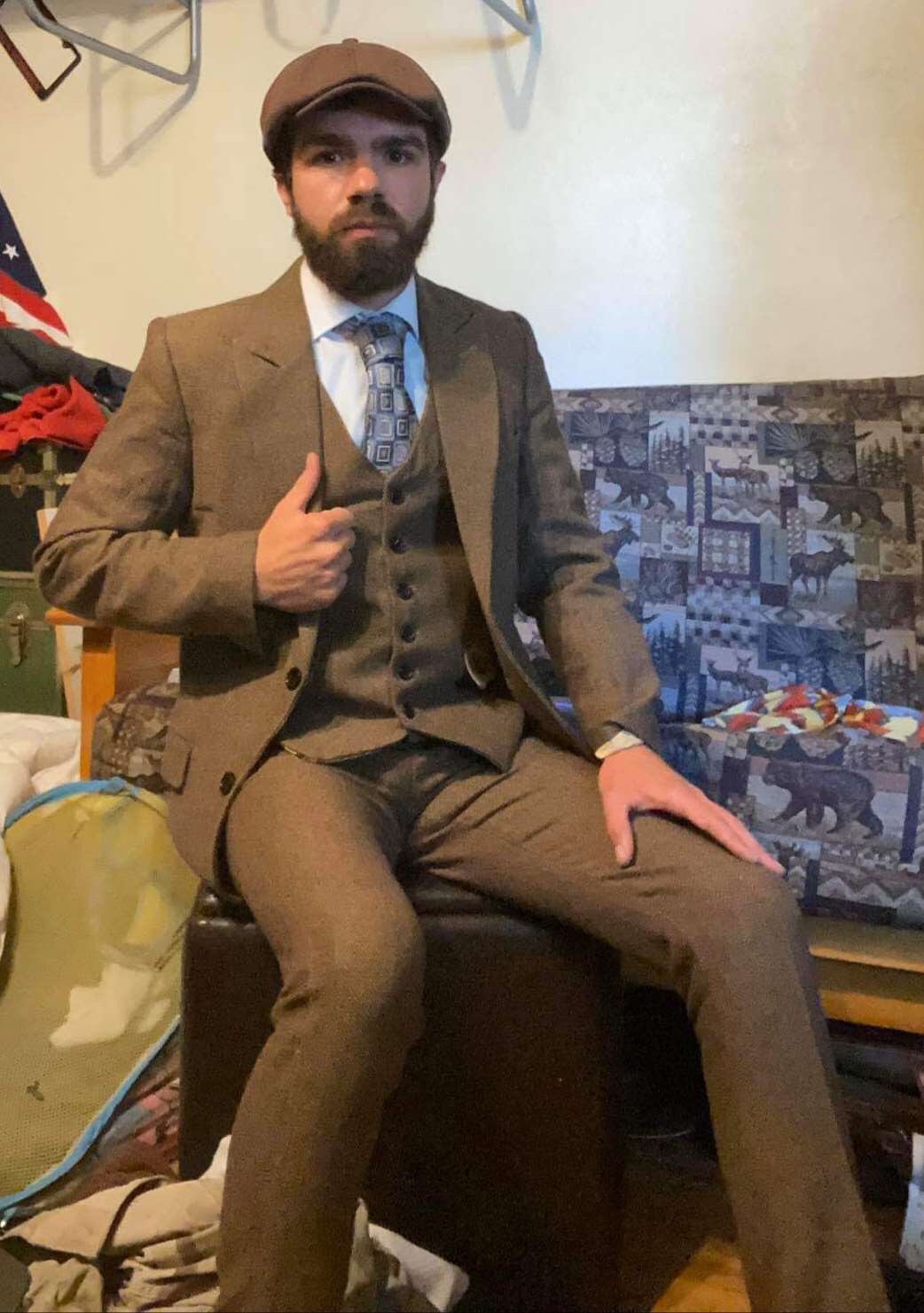 Traje de boda marrón de Tweed en espiga para hombre, esmoquin para graduación, Tweed con solapa de pico de 3 piezas para otoño, corte ajustado (Blazer + chaleco + pantalones), 2022