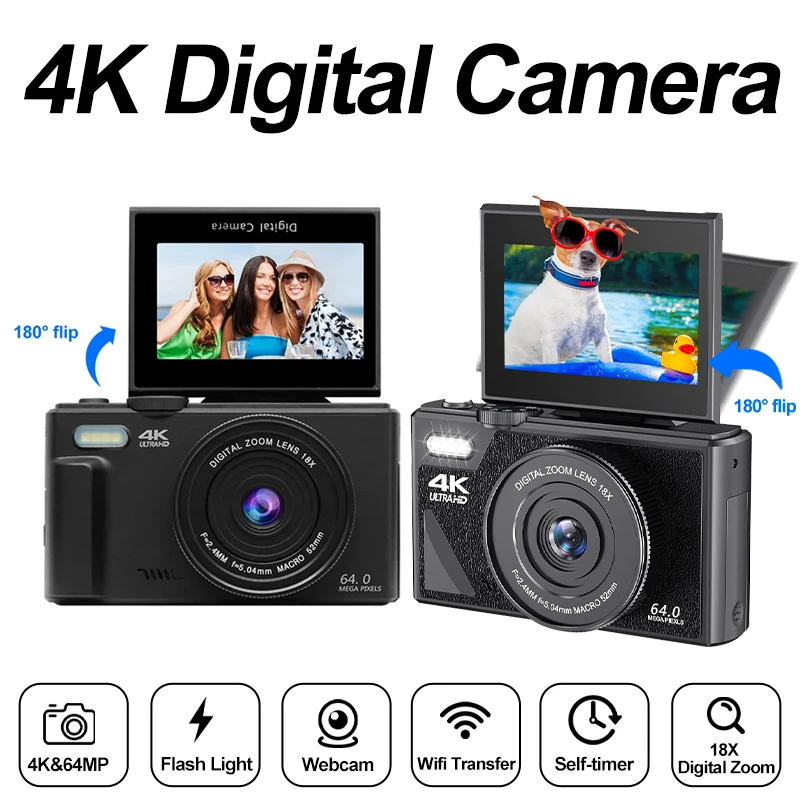 4K Digitalkamera 64MP 3,0 Zoll Drehbarer Bildschirm 18X Digitalzoom WiFi Vlog Camcorder Retro Videorecorder YouTub Webcam Kameras