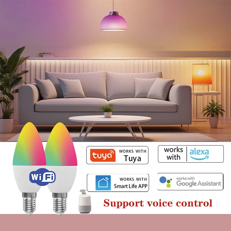 Tuya Wifi E14 Lampada a candela Controllo app Lampadina intelligente 5/7/9W RGB + CW Luce LED Dimmerabile Lampade di gruppo di cristallo Funziona con Alexa Google