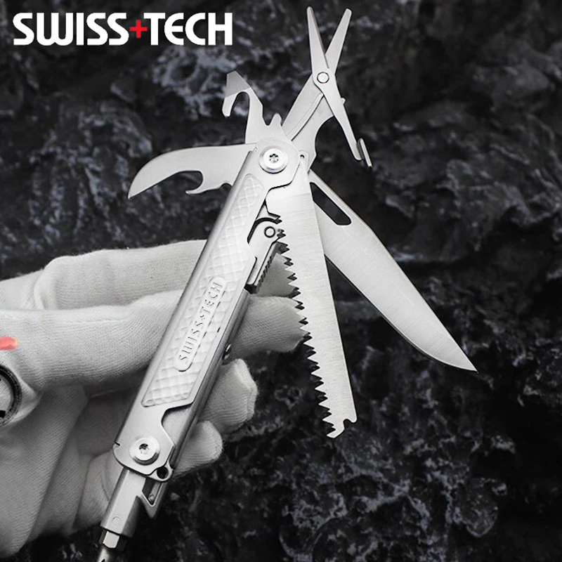 SWISS TECH 11 en 1 Mini cuchillo plegable multiherramienta EDC herramientas tácticas de supervivencia para acampar cuchillo de bolsillo al aire libre tijeras destornillador