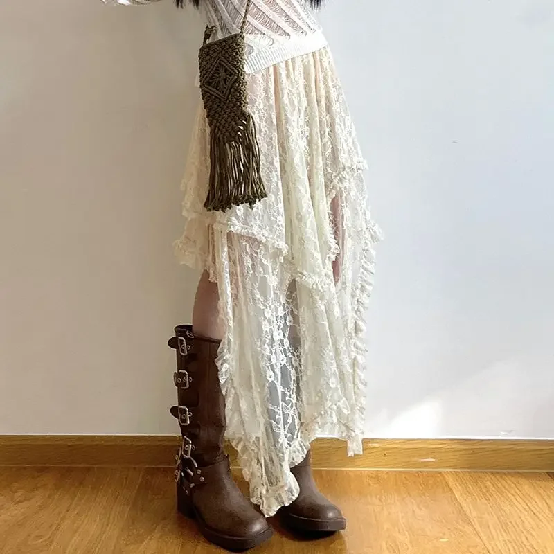 Gonna asimmetrica in pizzo Fairycore Donna Vintage Y2K Boho Estetica Moda Vita alta Gonne medie Abiti da vacanza da donna