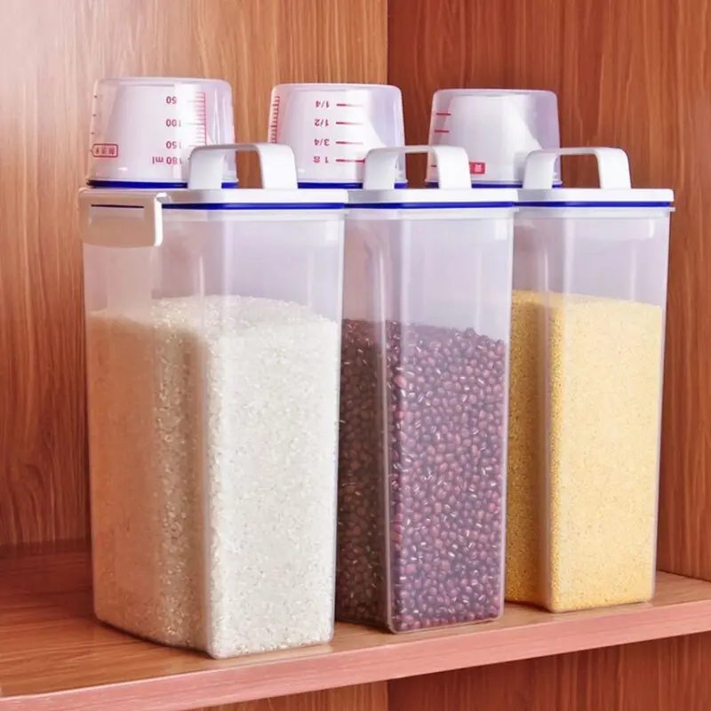 【ホットセール】1個の米と穀物の食品保存キャニスター、計量カップ付き、キッチン防湿、防虫、防塵