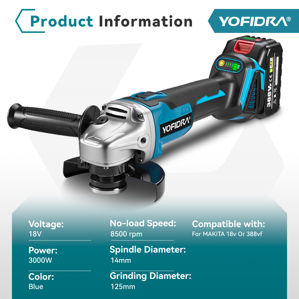 Amoladora angular sin escobillas Yofidra de 125mm, rectificadora inalámbrica de 4 engranajes, corte de carpintería para Pin de batería Makita de 18V-21V