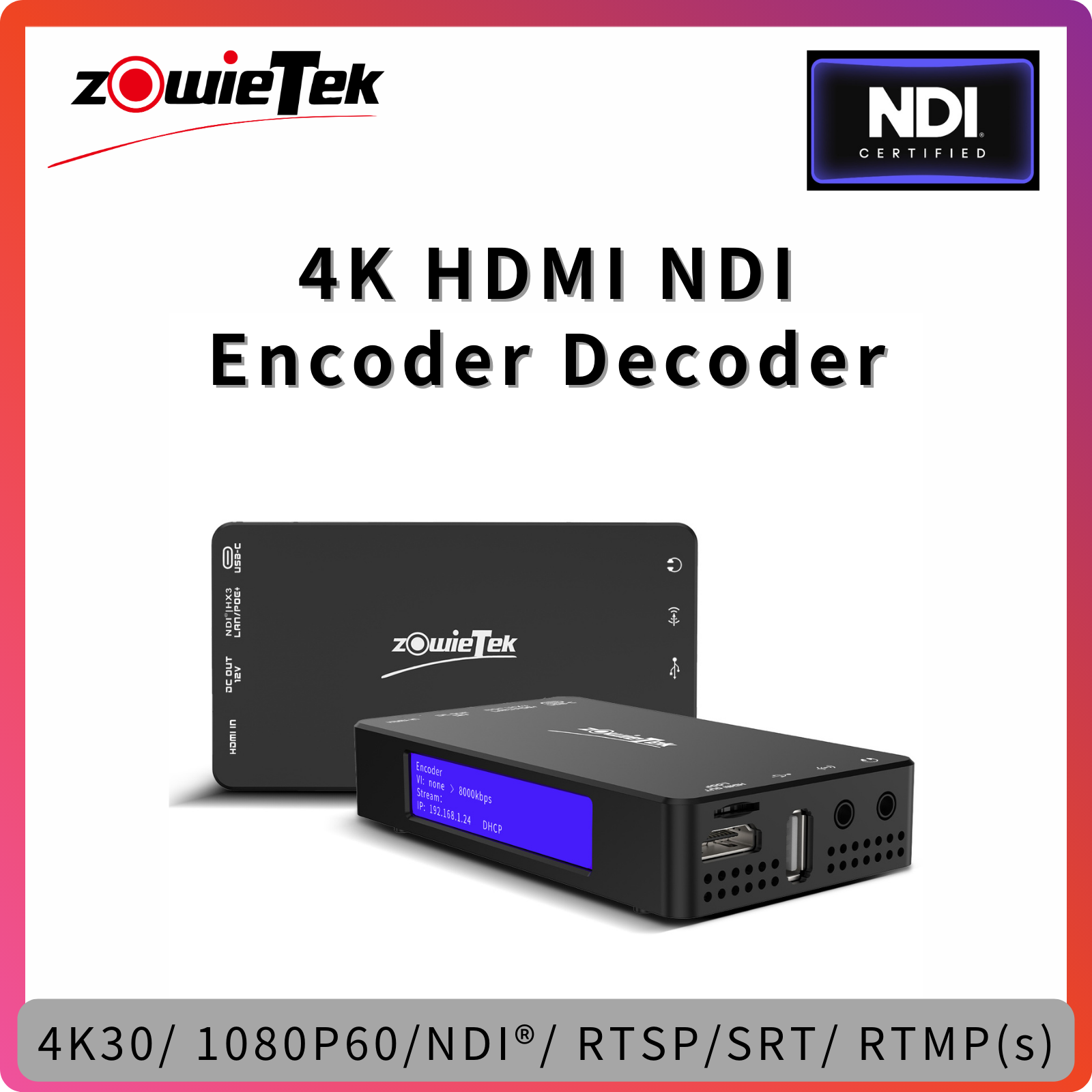 Видеокодер/декодер 4K NDI HDMI, видеозахват, No-UVC, SRT, RTMP(S), RTSP, прямая трансляция на Youtube/ Facebook, живые мероприятия