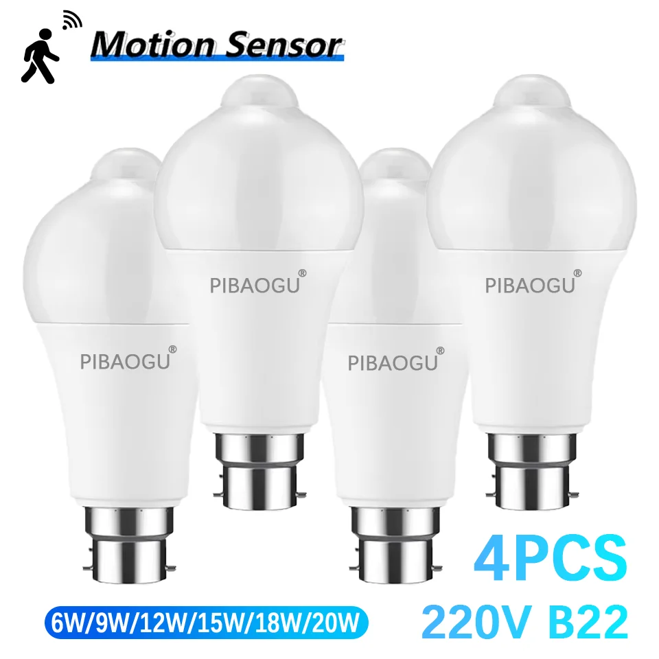 4 Uds bombilla Led Radar Sensor de movimiento B22 220V 20W 18W 15W 12W 9W 6W bombilla Auto On Off Sensor infrarrojo detección de movimiento lámpara de noche