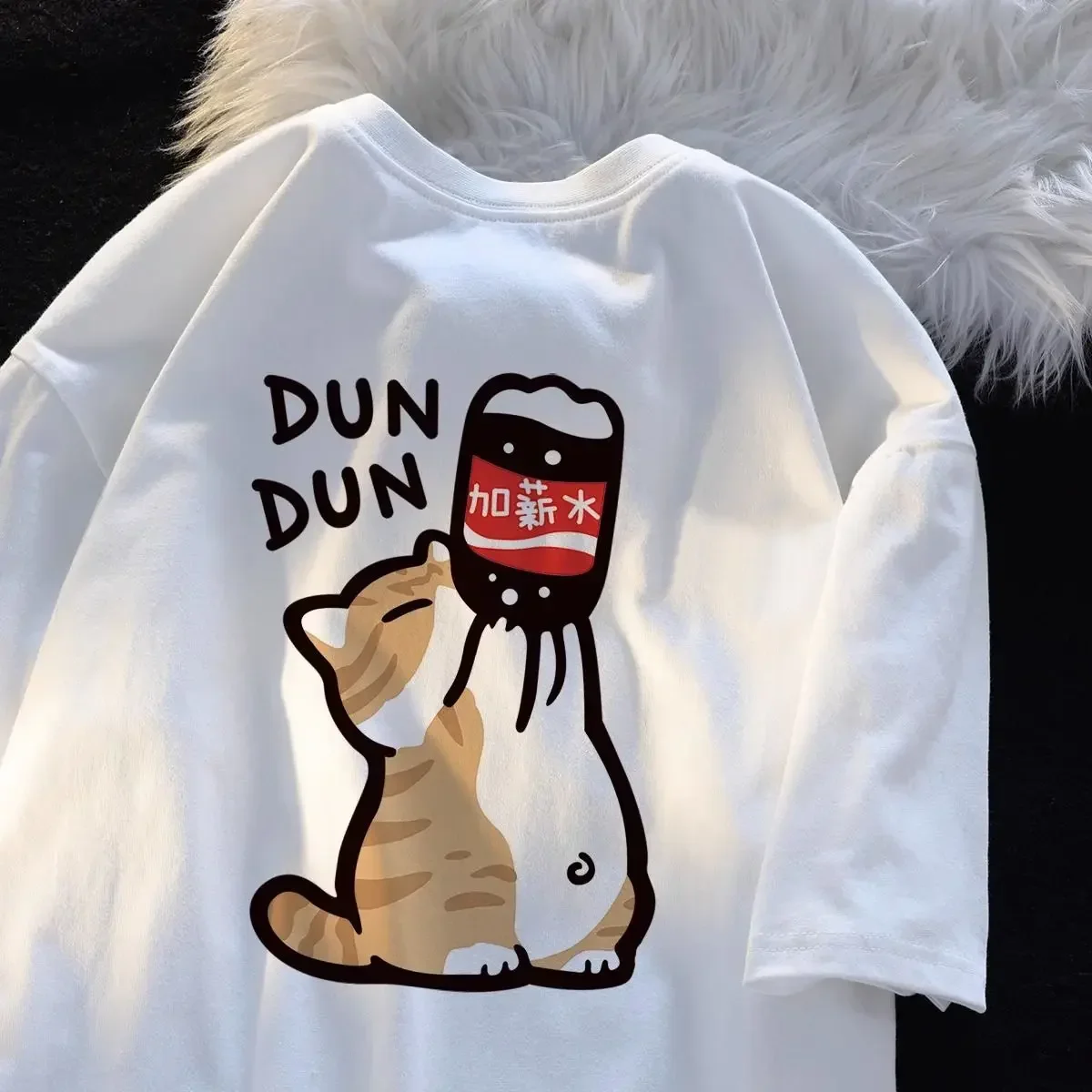 Estilo chinoiserie engraçado verão retro tendência dos desenhos animados gatinho impressão camiseta, homens e mulheres design solto amantes casual manga curta