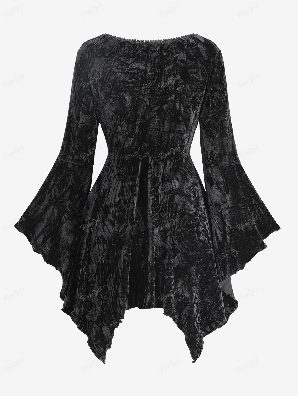 ROSEGAL Plus Size Damen Asymmetrisches Top Schwarzes T-Shirt Blumen Mesh Beflockung Geprägte Crinkle Patchwork Samt Glockenärmel Bluse