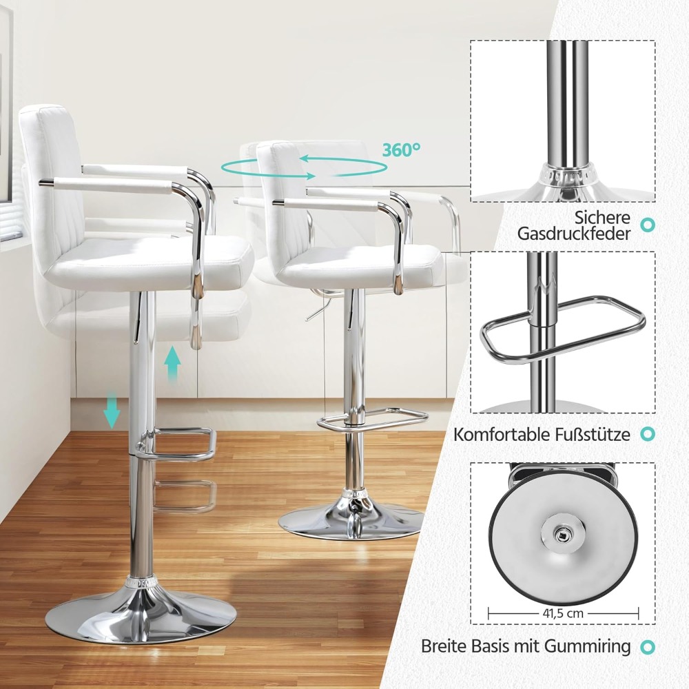 2 taburetes de bar, sillas de barras giratorias de polipiel, altura ajustable con respaldo, reposapiés, reposabrazos para Bar, cocina, hogar, taburete de bar