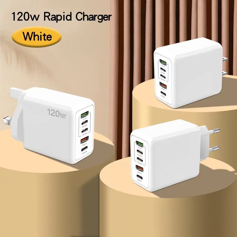 Totaal 120 W USB Type C Oplader 5 Poorten Snel Opladen Mobiele Telefoon Muur Adapter EU/US/UK Plug Voor iPhone 16 Samsung Xiaomi Huawei