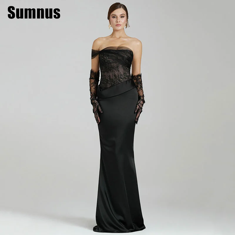 Sumnus Elegantes schwarzes Meerjungfrau-Abschlussballkleid, Spitze, eine Schulter, halbe Ärmel, Abendkleider, formelle Anlässe, individuell gestaltet