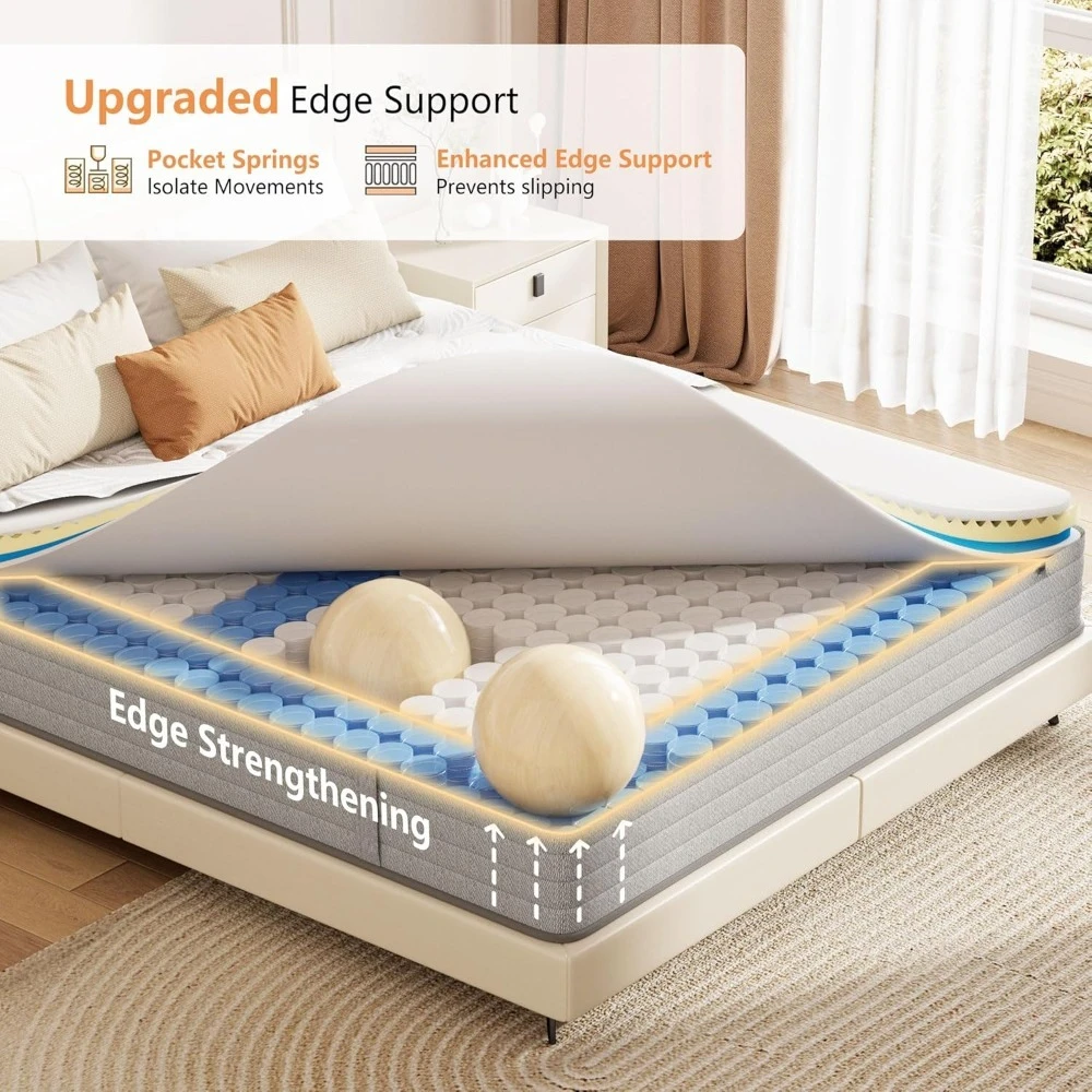 Mattress 14 inch, Medium Firm Hybrid Mattresses with Cooling Gel Memory Foam, King Mattress in a Box, Independent Spring