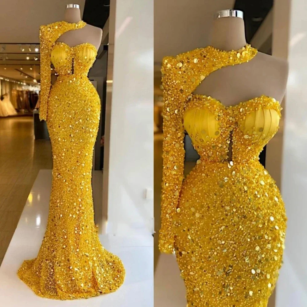 Personalizado sexy sereia espumante um ombro manga nova festa feminina noite lantejoulas jóia longo estilo moderno vestidos de baile