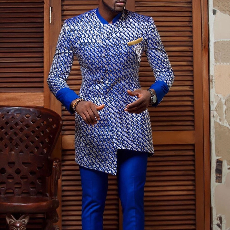 Dashiki africano de manga larga para hombre, camisa azul tradicional estampada con botones, estilo étnico informal, Top con cuello levantado, DXAA
