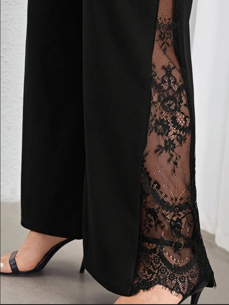 Dames plus size zwarte elegante lente zomer casual split kant patchwork losse elastische taille wijde pijpen broek met rechte pijpen