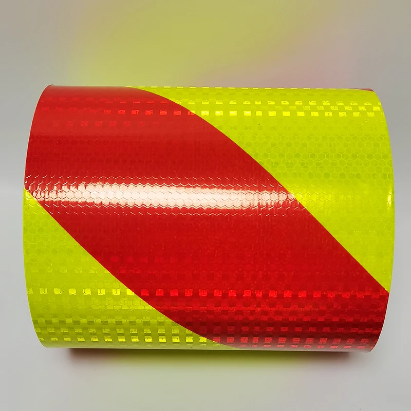8 "เทปสะท้อนแสงสีเหลืองและสีขาวผ้าสะท้อนแสงสิ่งทอลายทแยงภาพยนตร์ความปลอดภัยที่ชัดเจนกลางแจ้งสูง10เมตรสำหรับรถบรรทุก