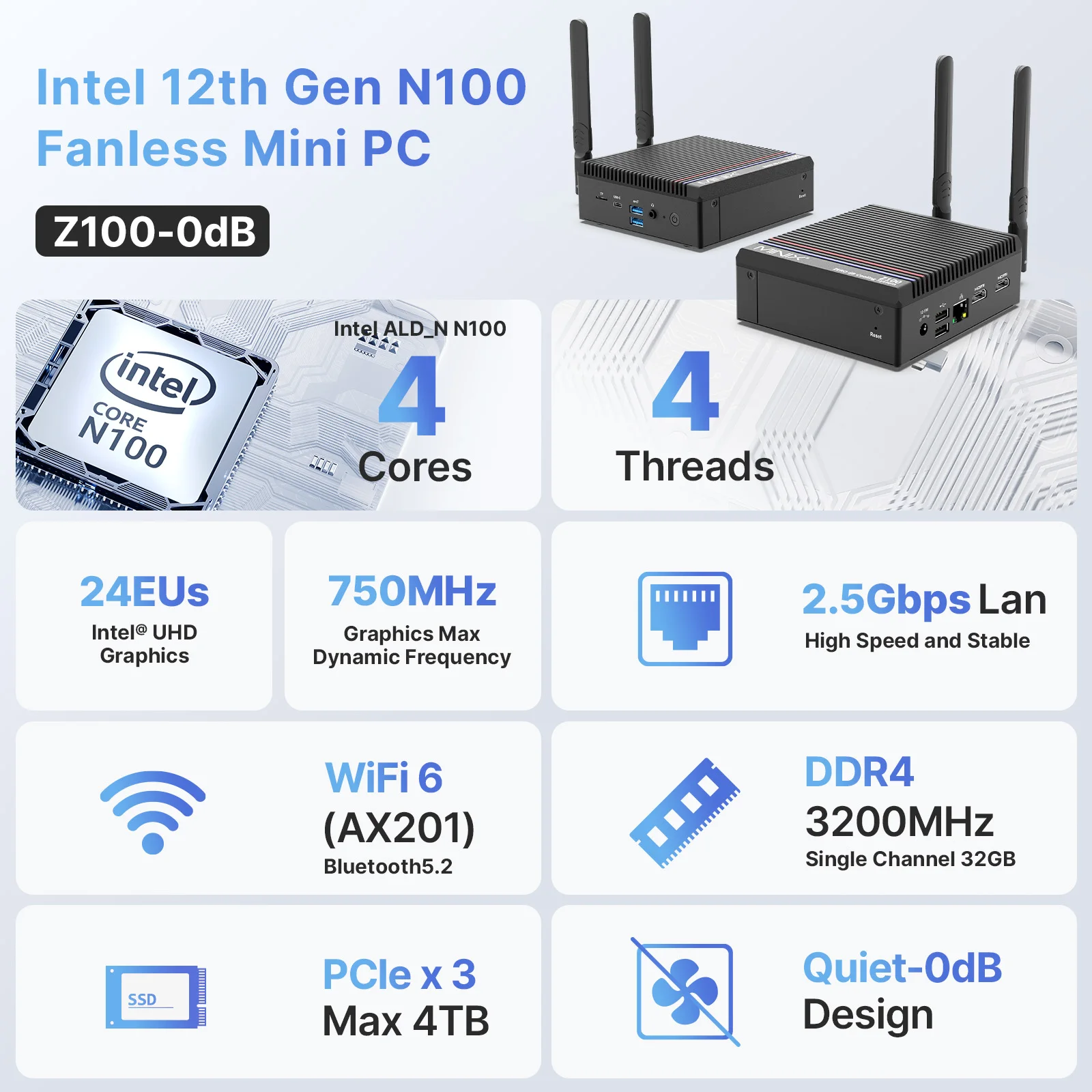 MINIX Z100 fanless mini PC , 16GB DDR4, 512GB M.2 PCIe X4 NVMe SSD Windows 11 Desktop Computer,2.5 GbE Ethernet, HDMI 4K