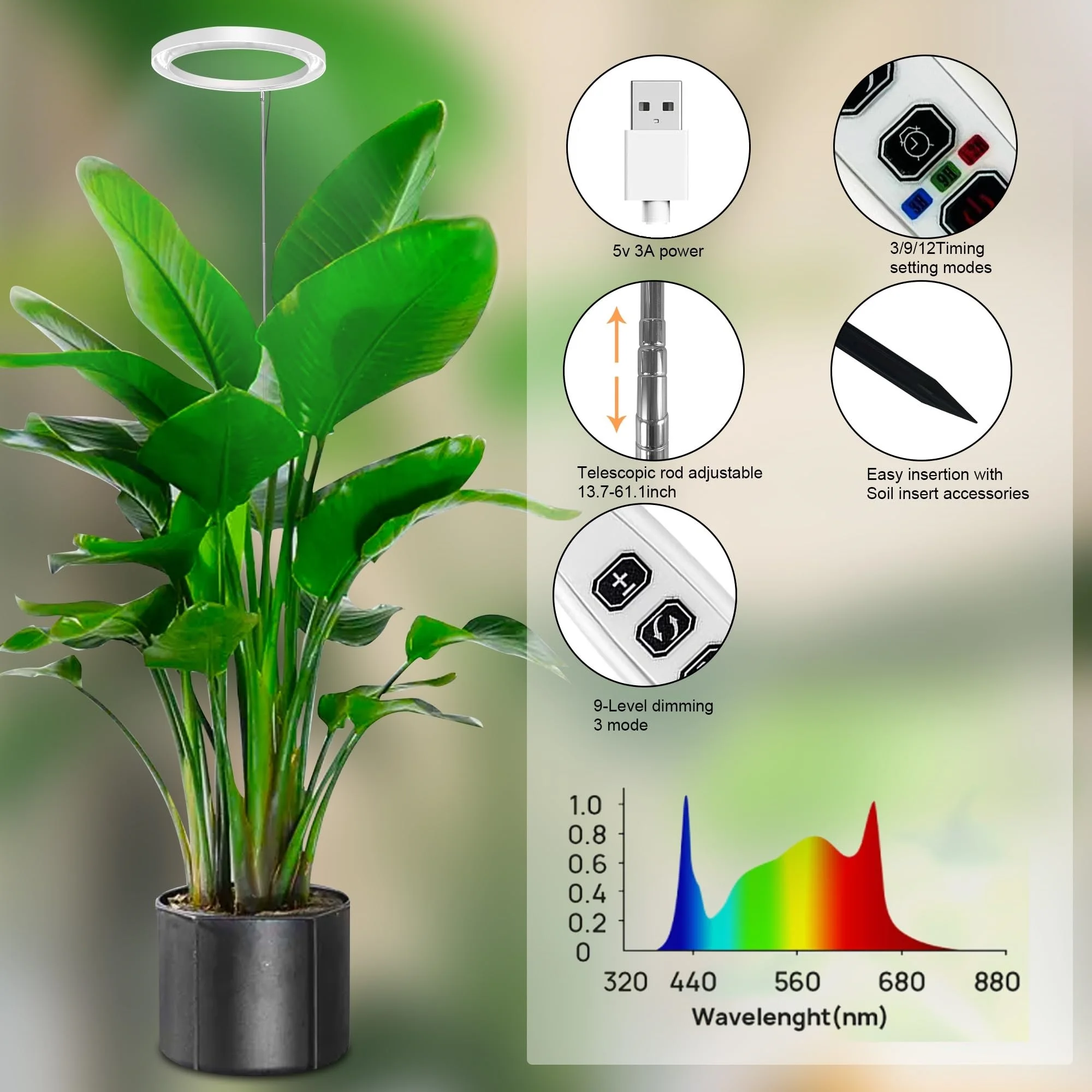 Museluce Grow Lights for Indoor Plants, 72 LEDs Full Spectrum Grow Lamp,Auto 3/9/12H Timer, 34-160cm Height Adjustable