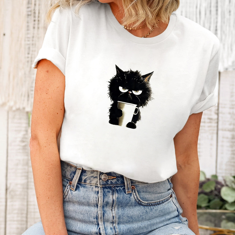 2024 Dames Lente/Zomer Nieuwe 3d Cartoon Print Leuke kat Korte mouwen Casual Ronde Hals Top Mode Losse leuke Kleding