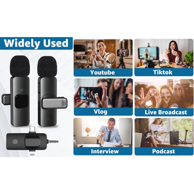 Profissional 4 em 1 Microfone Lavalier Sem Fio, Redução de Ruído, Mini Microfone para iPhone, Android, 3.5mm para Rádio Gravação Ao Vivo