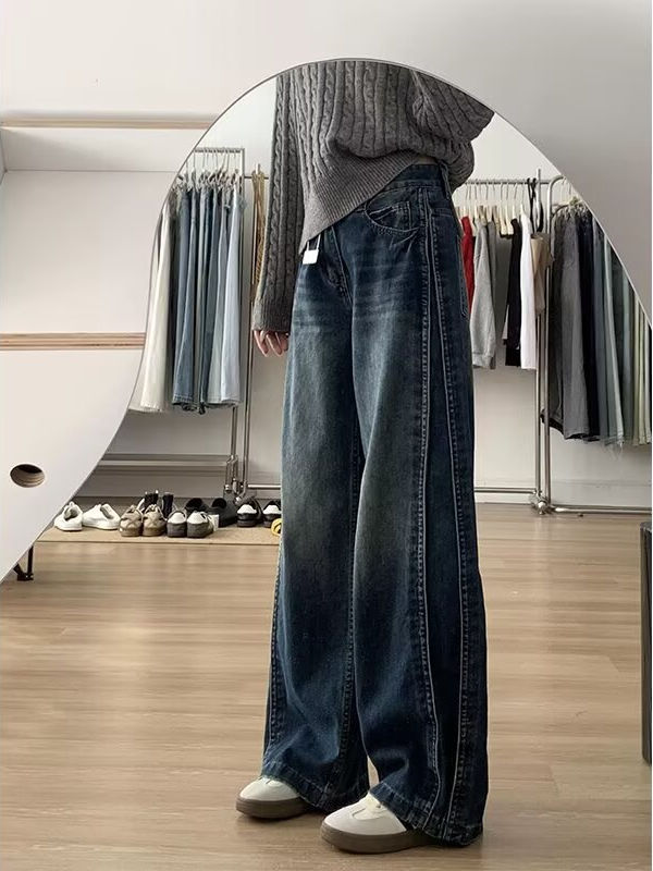 Calças Jeans Fenas Plus Size Retrô Americanas das de Perna Larga, Soltas e Retas, Efeito Emaecedor, Crimento Lon...