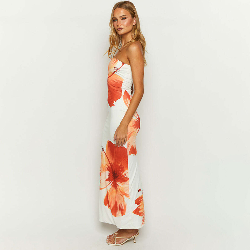 CUTENOVA, novedad de 2024, vestido sin cámara con estampado de flores para mujer, vestido largo informal para vacaciones con hombros descubiertos, vestido largo hasta el suelo para playa ajustado
