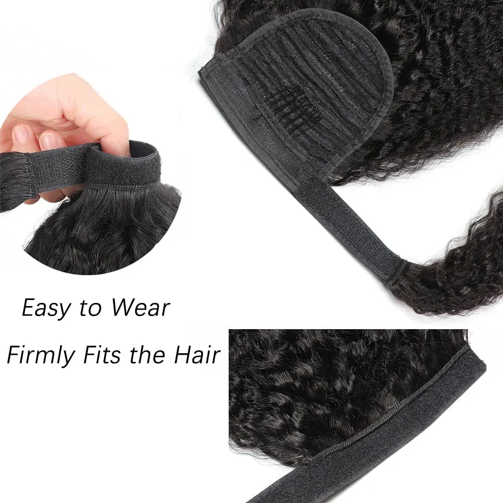 Extension de cheveux humains queue de cheval droite crépue 100g enrouler autour du clip en queue de cheval noir naturel # 1B Remy indien 10-26 pouces pour femmes