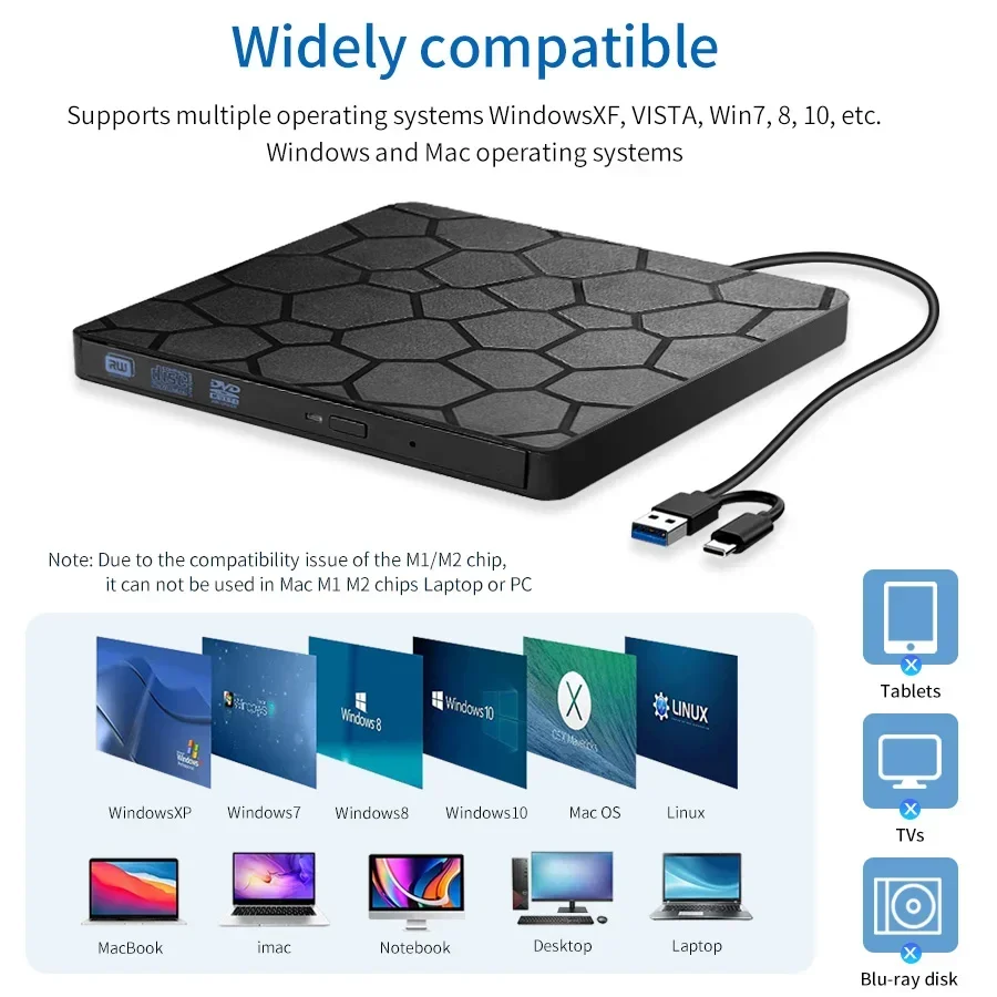 2 in 1 External DVD RW Drive USB 3.0 Type C Interface Slim DVD CD Writer Burner Reader Player Optical Drive For Laptop Notebook