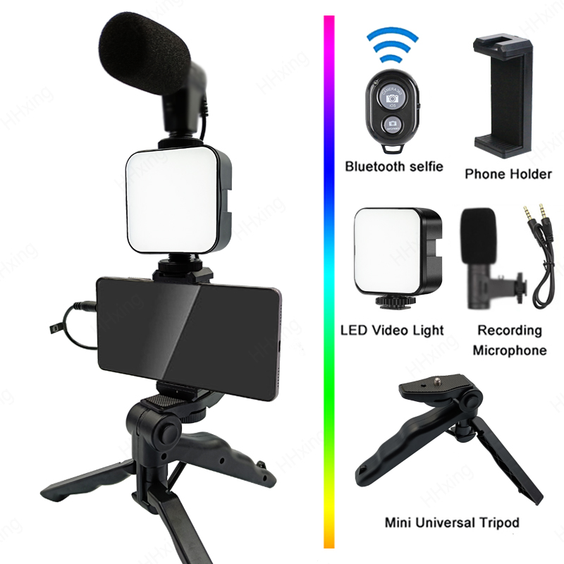 Suporte do telefone fotografia iluminação smartphone kit de vídeo microfone led selfie tripé gravação alça portátil suporte estabilizador
