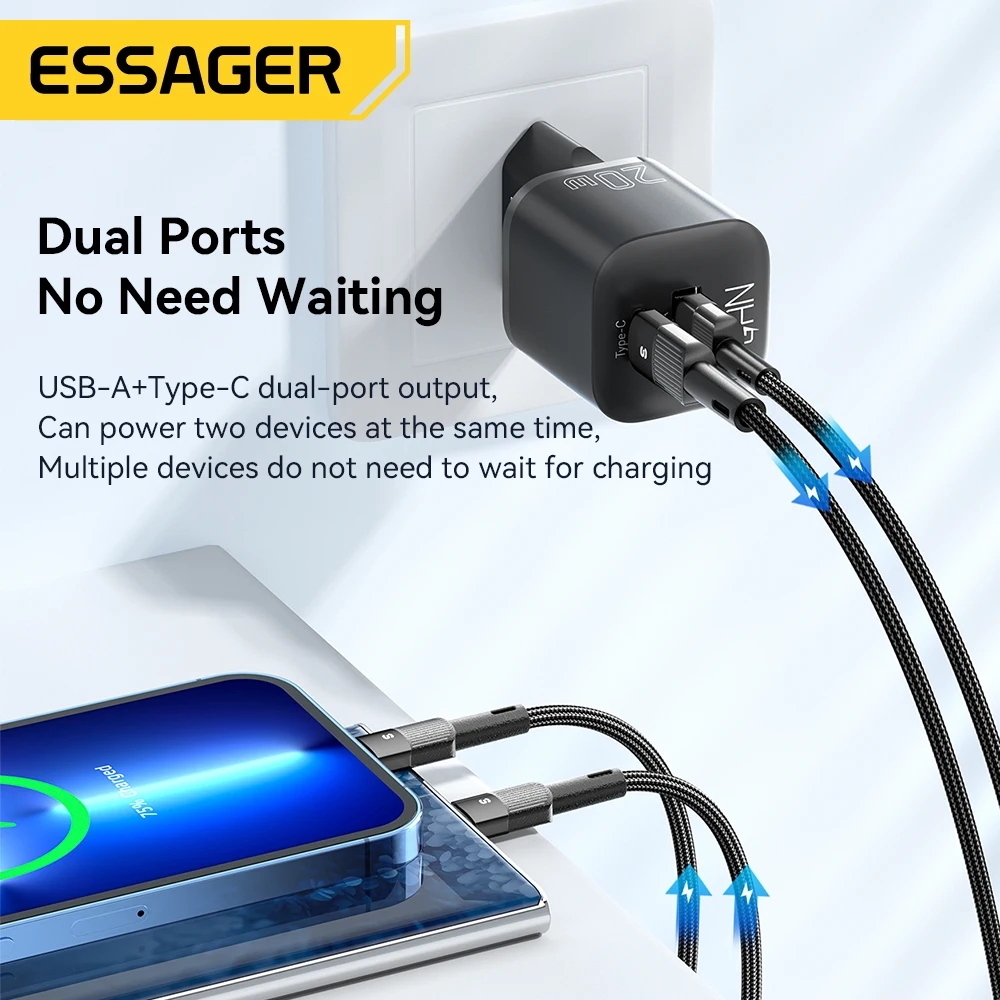 Essager 20 Вт GaN USB Type C Зарядное устройство PD Быстрая зарядка Телефон QC 3.0 Быстрое зарядное устройство для iPhone 14 13 12 11 Pro Max Mini iPad Зарядка