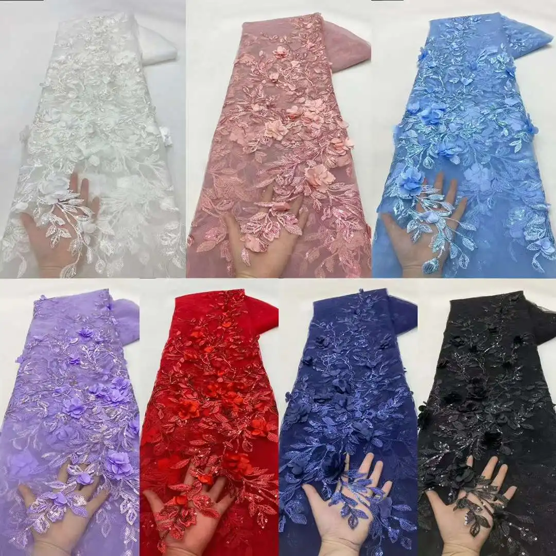 アフリカンレースチュール生地,刺繍アップリケ,パーティー用スパンコール生地,3Dフラワー,縫製素材,ラグジュアリー,5ヤード,2024