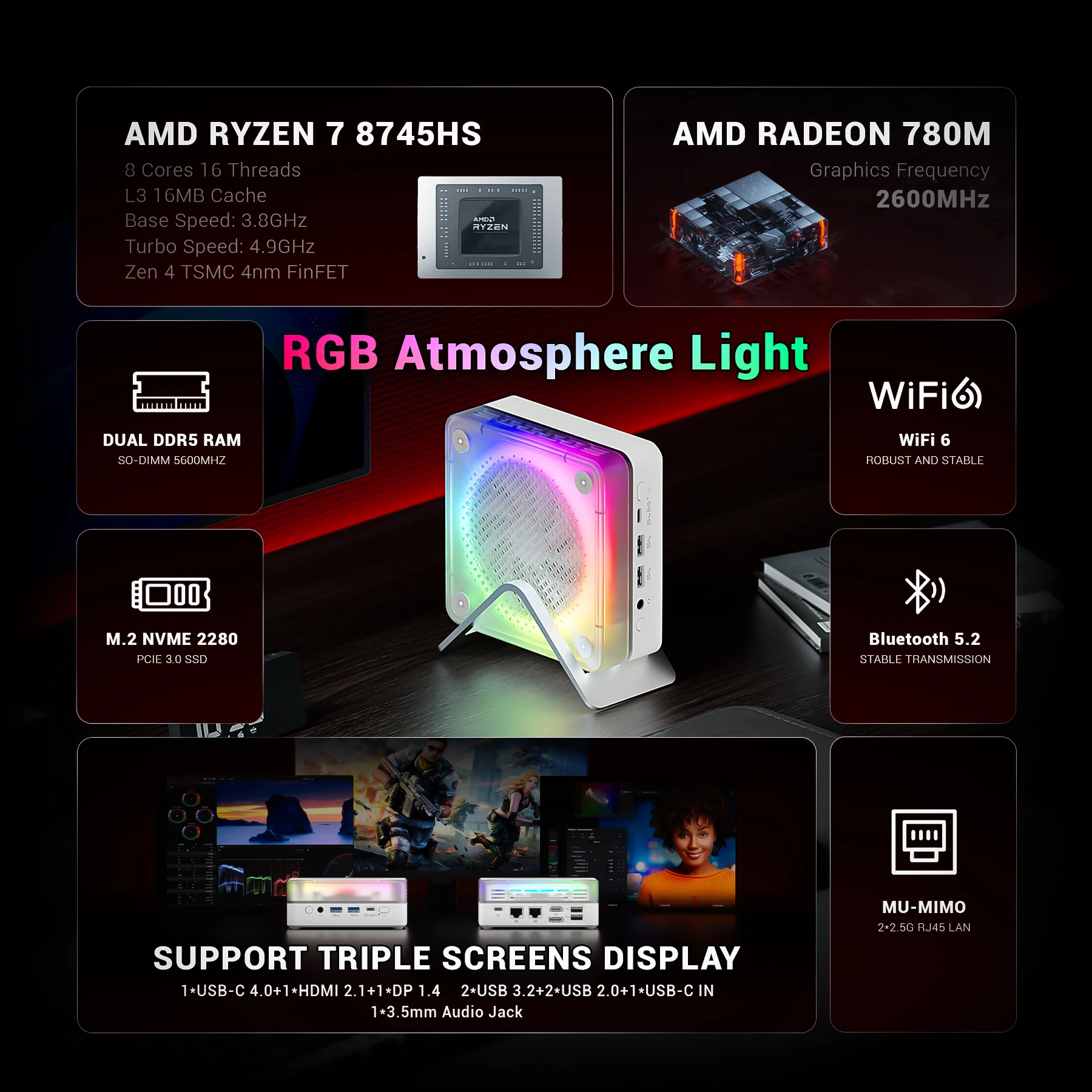 FIREBAT MN56 MINIPC AMD R7-8745HS Mini PC Kolorowy Komputer Gralowy 16GB 512GB DDR5 RJ45 Komputer Stacjonarny do Gier BT5.2 WIFI6