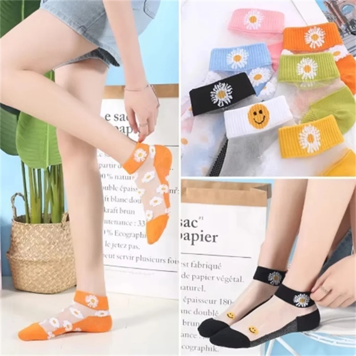 5 Paar Socken mit Gänseblümchenmuster, weiche und leichte kurze Netzsocken, Damenstrümpfe und Strumpfwaren