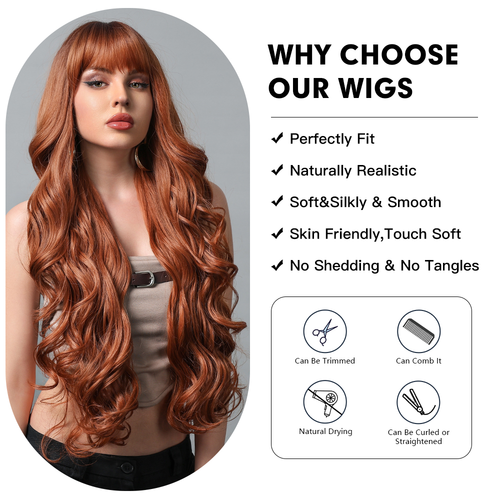 Gemma cobre gengibre longo ondulado peruca sintética vermelho marrom perucas com franja para mulheres cabelo natural cosplay peruca diária resistente ao calor